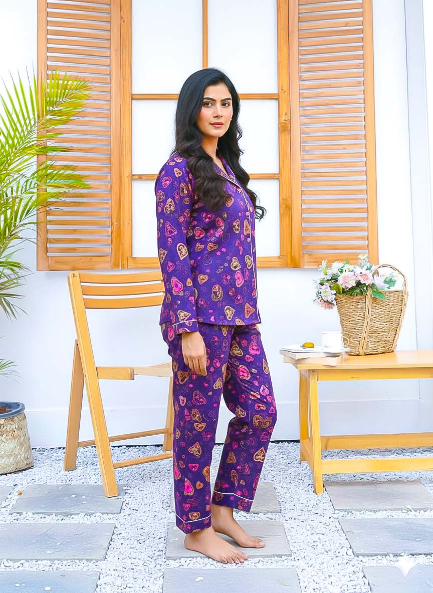 Imported Linen Printed Purple Pink Heart PJ Set-LP25