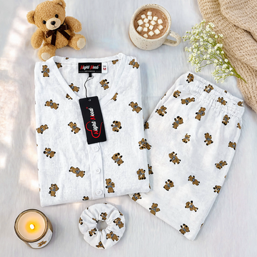 Brown Teddy Bear Printed Crinkled Cotton Night Suit