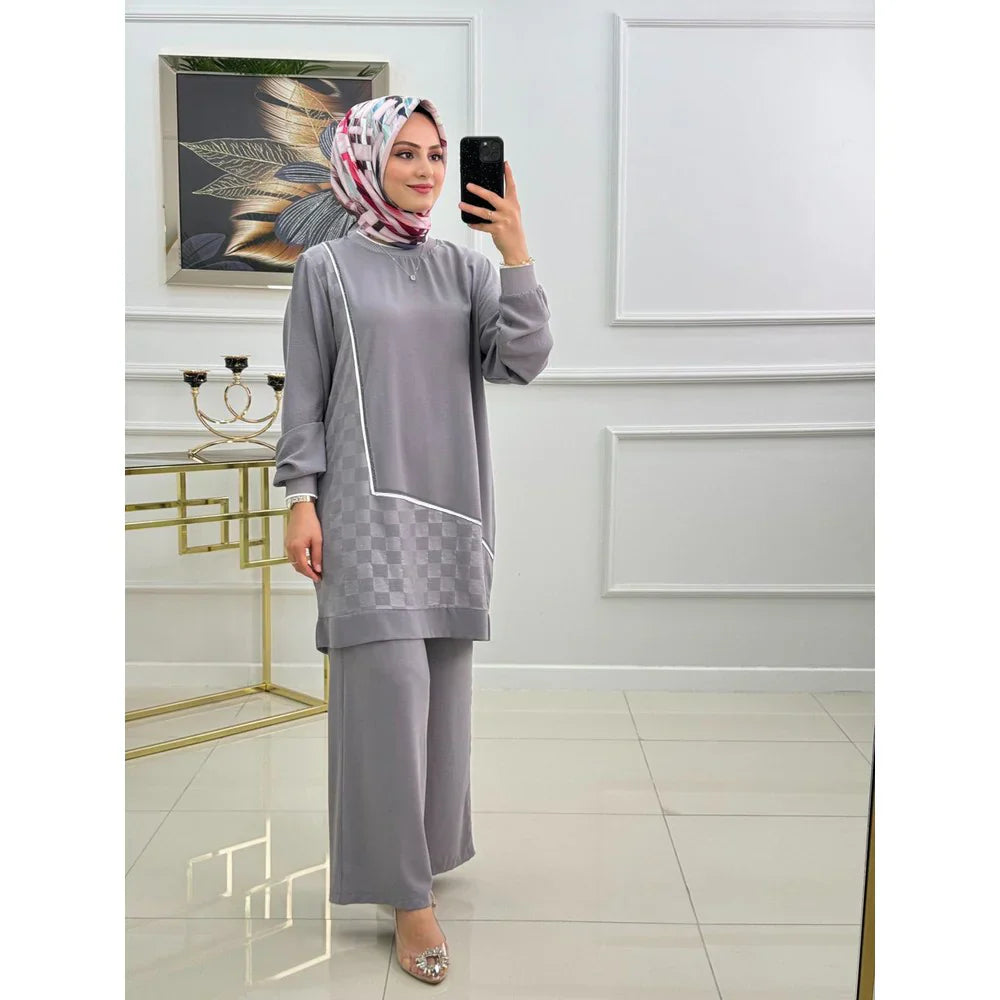 Winter Blue Mosaic Printed Long Sleeves 2 PC Co-Ord Set