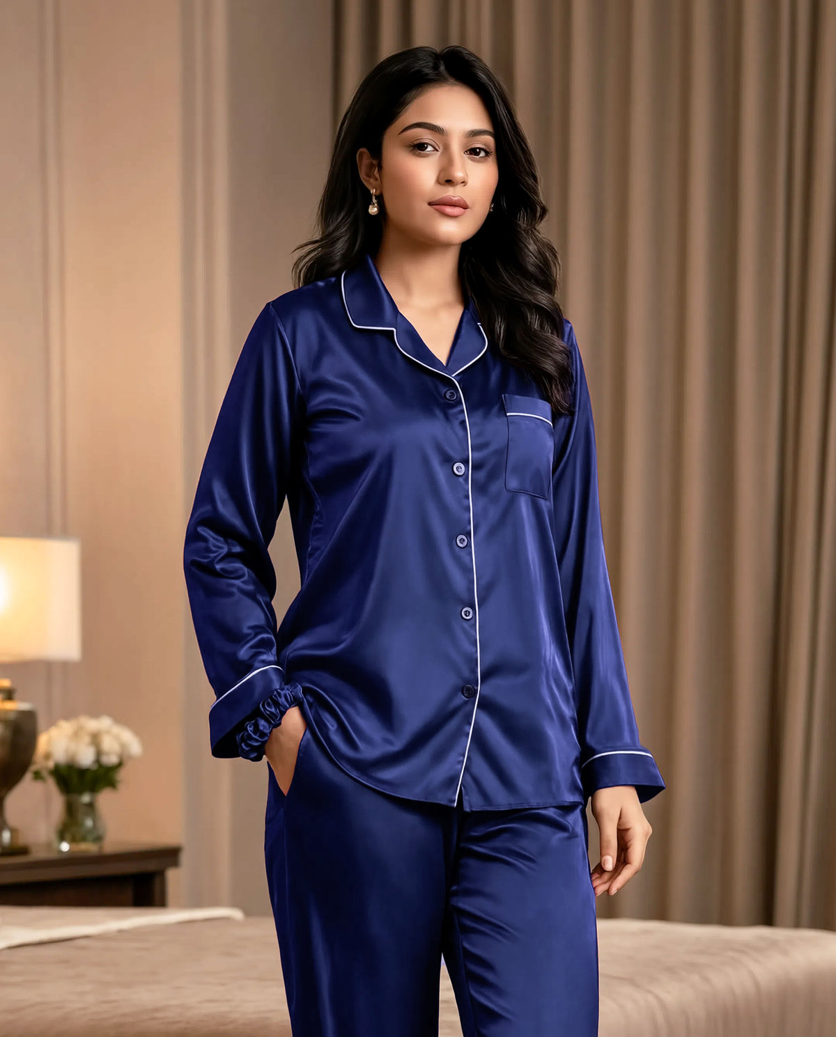 Navy Blue Satin Silk Pj Set