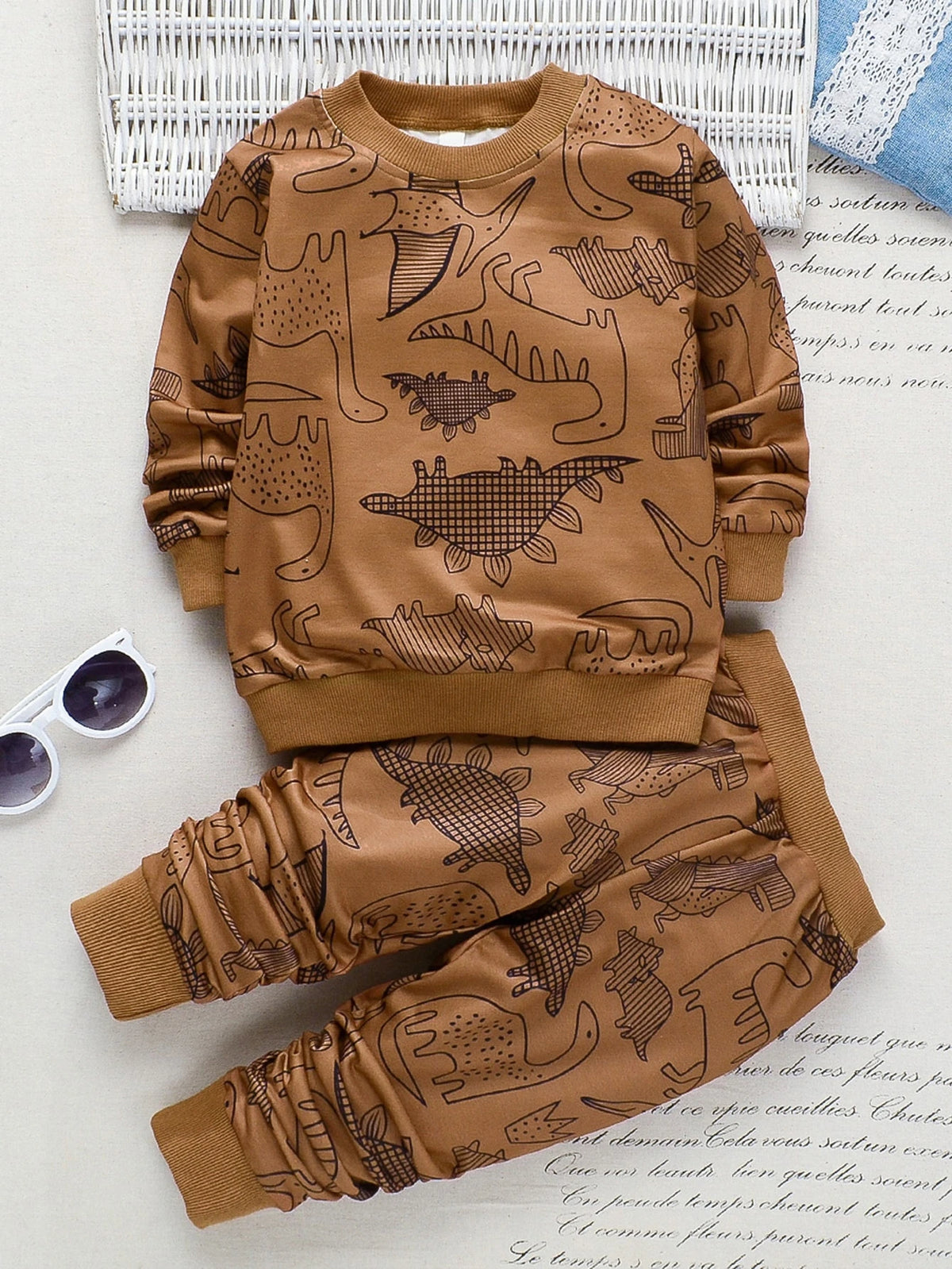 Brown Dinosaur Printed Kids Winter Suit