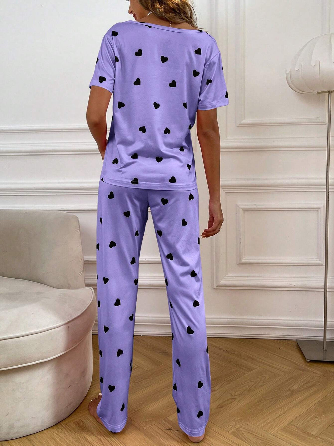 Purple Black Multi Heart Printed Night Suit