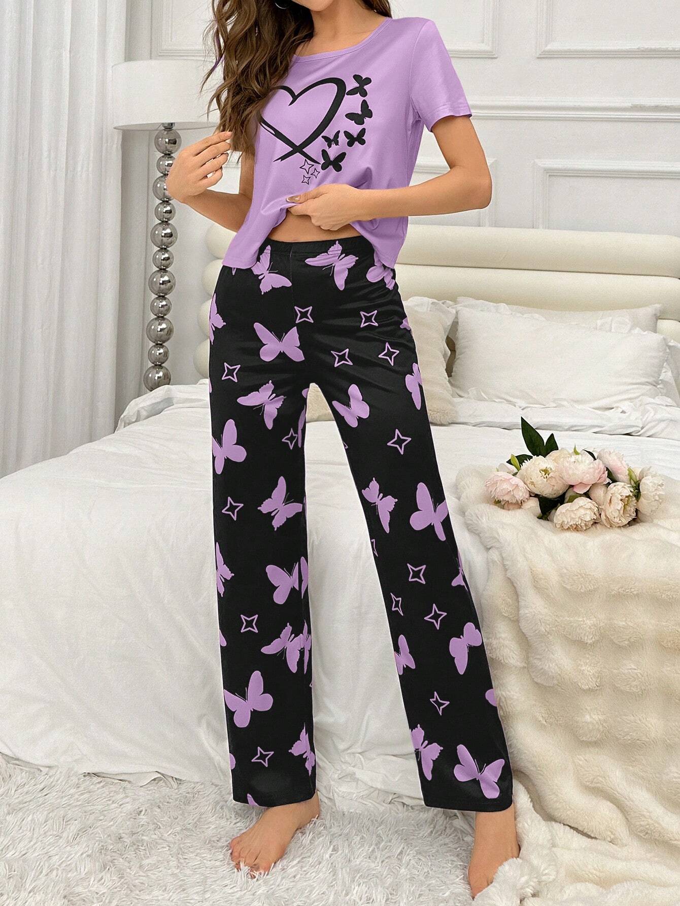 Purple Heart and Butterfly Printed Night Suit