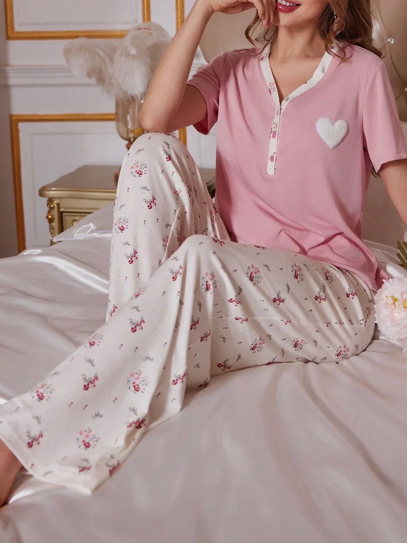 Pink Charming Heart Printed Night Suit