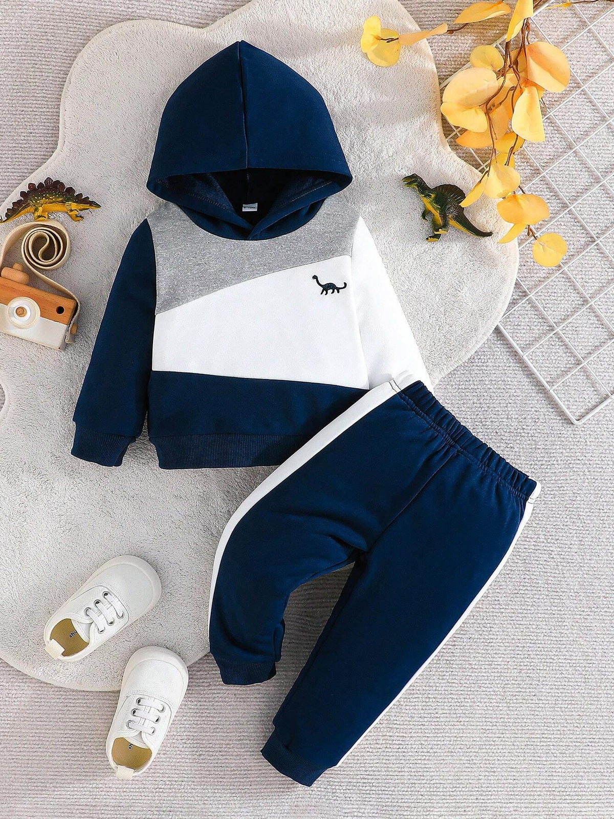 Navy Blue Panel Dinosaur Printed Kids Winter Suit