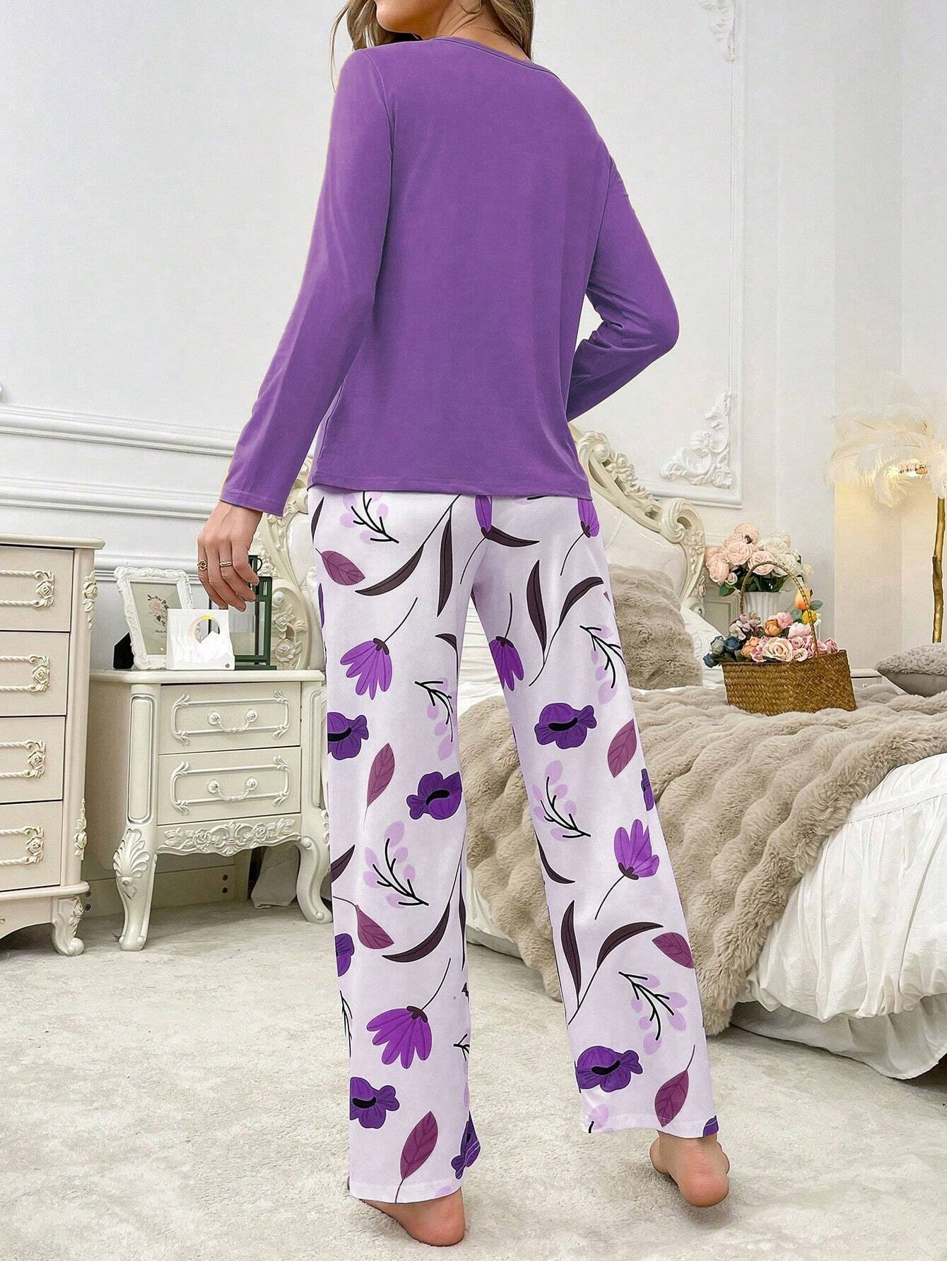 Purple Leaf Printed Night Suit