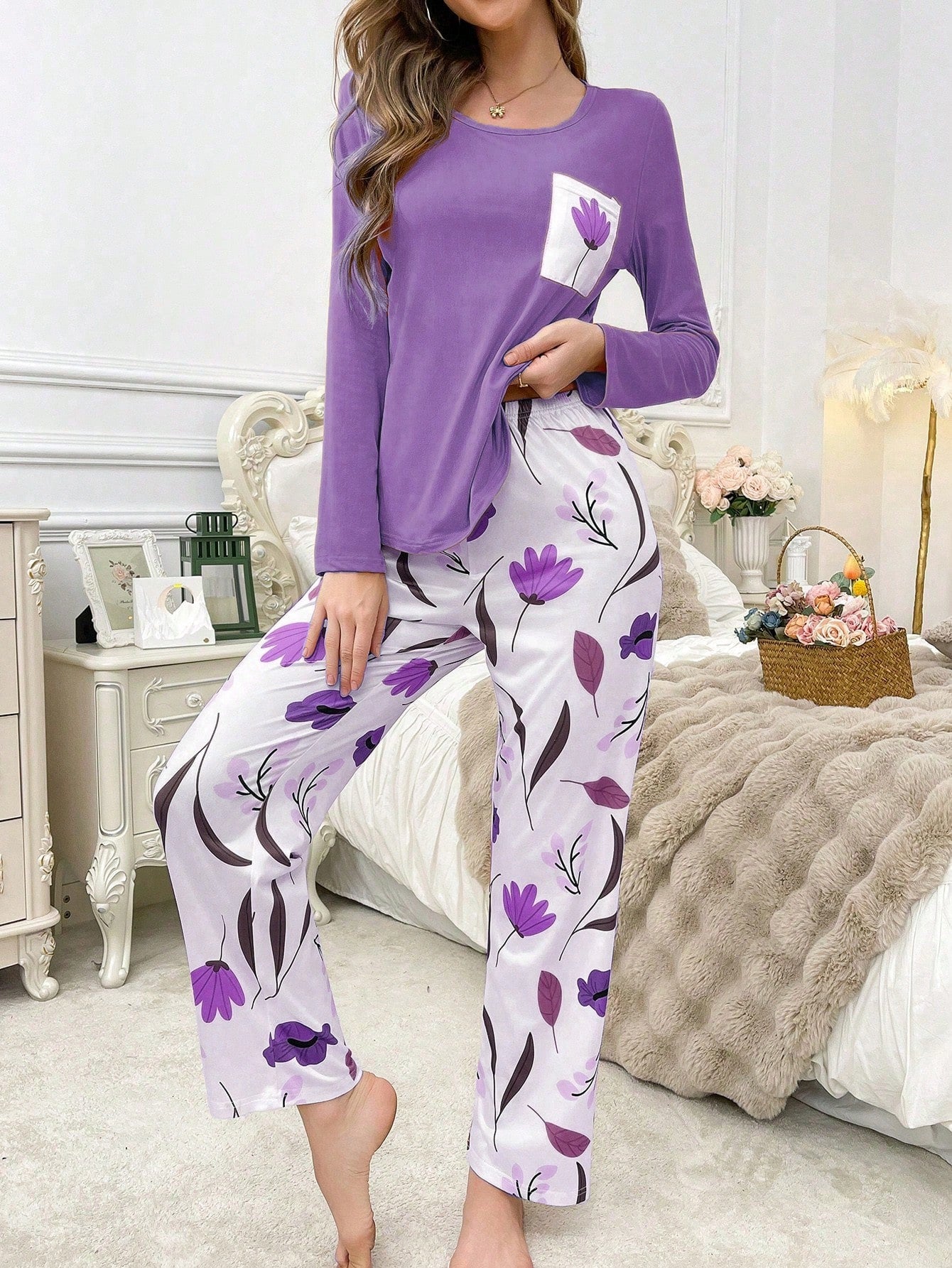 Purple Leaf Printed Night Suit