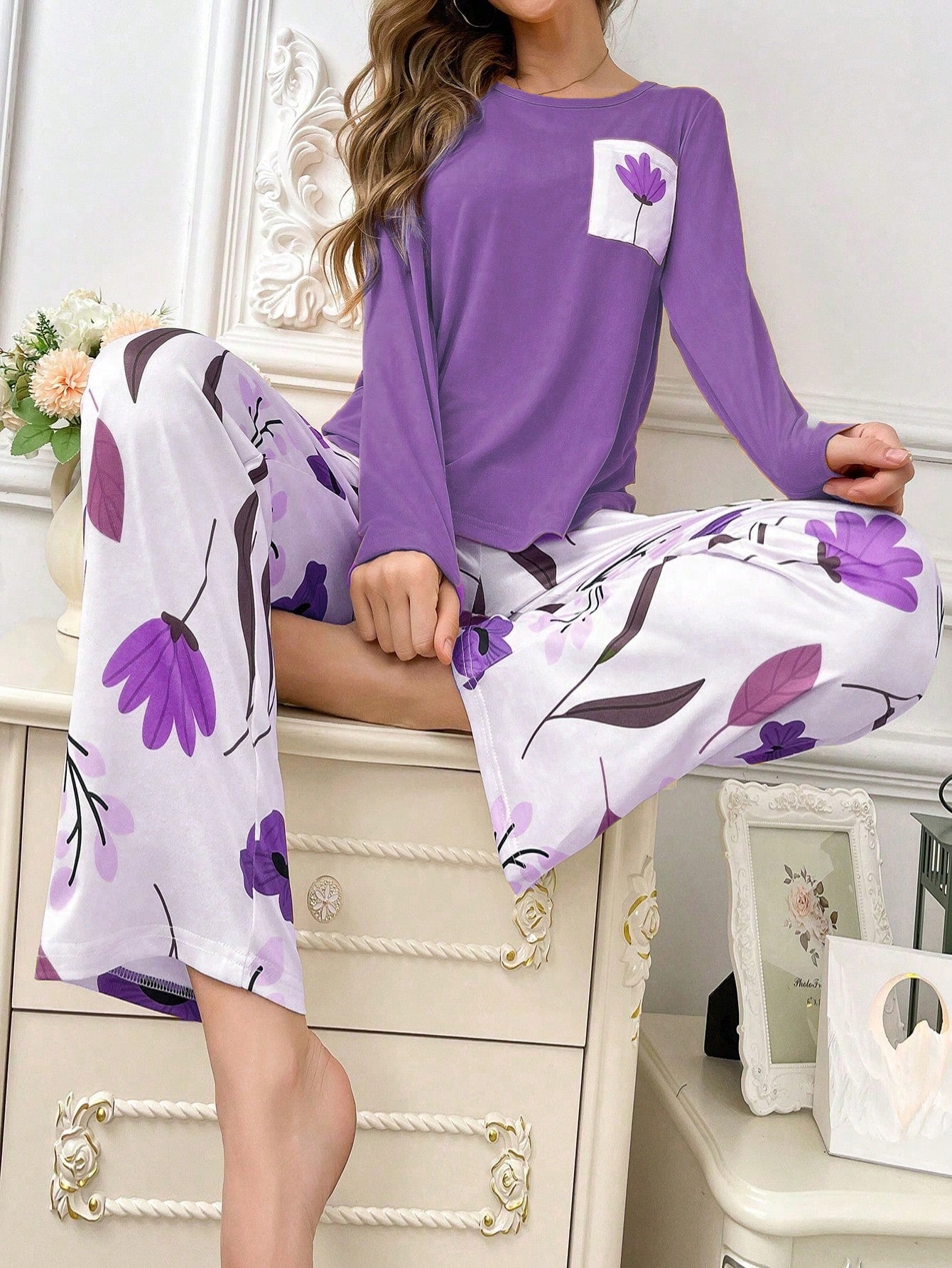 Purple Leaf Printed Night Suit