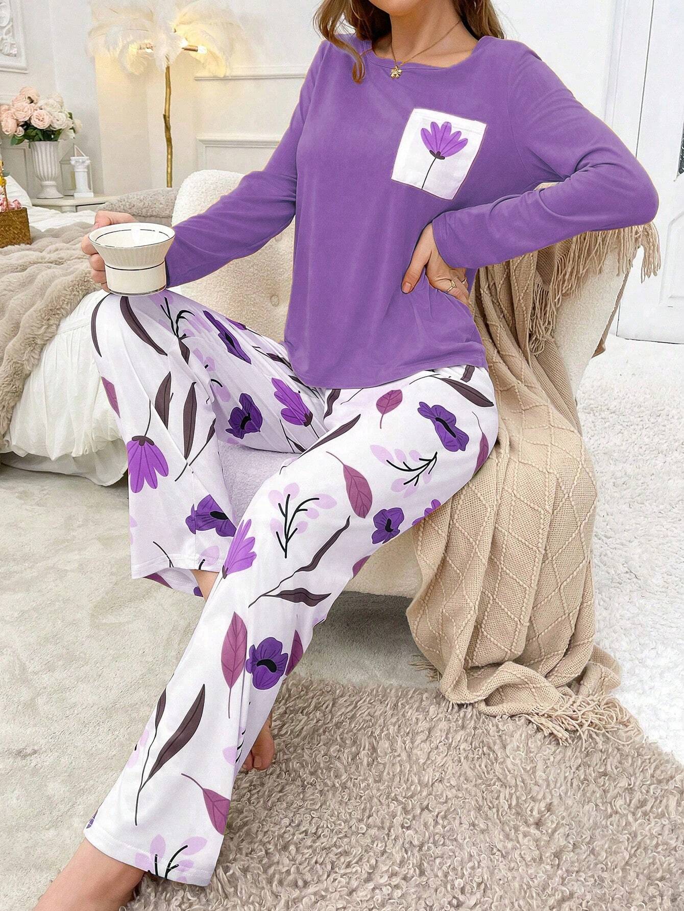 Purple Leaf Printed Night Suit