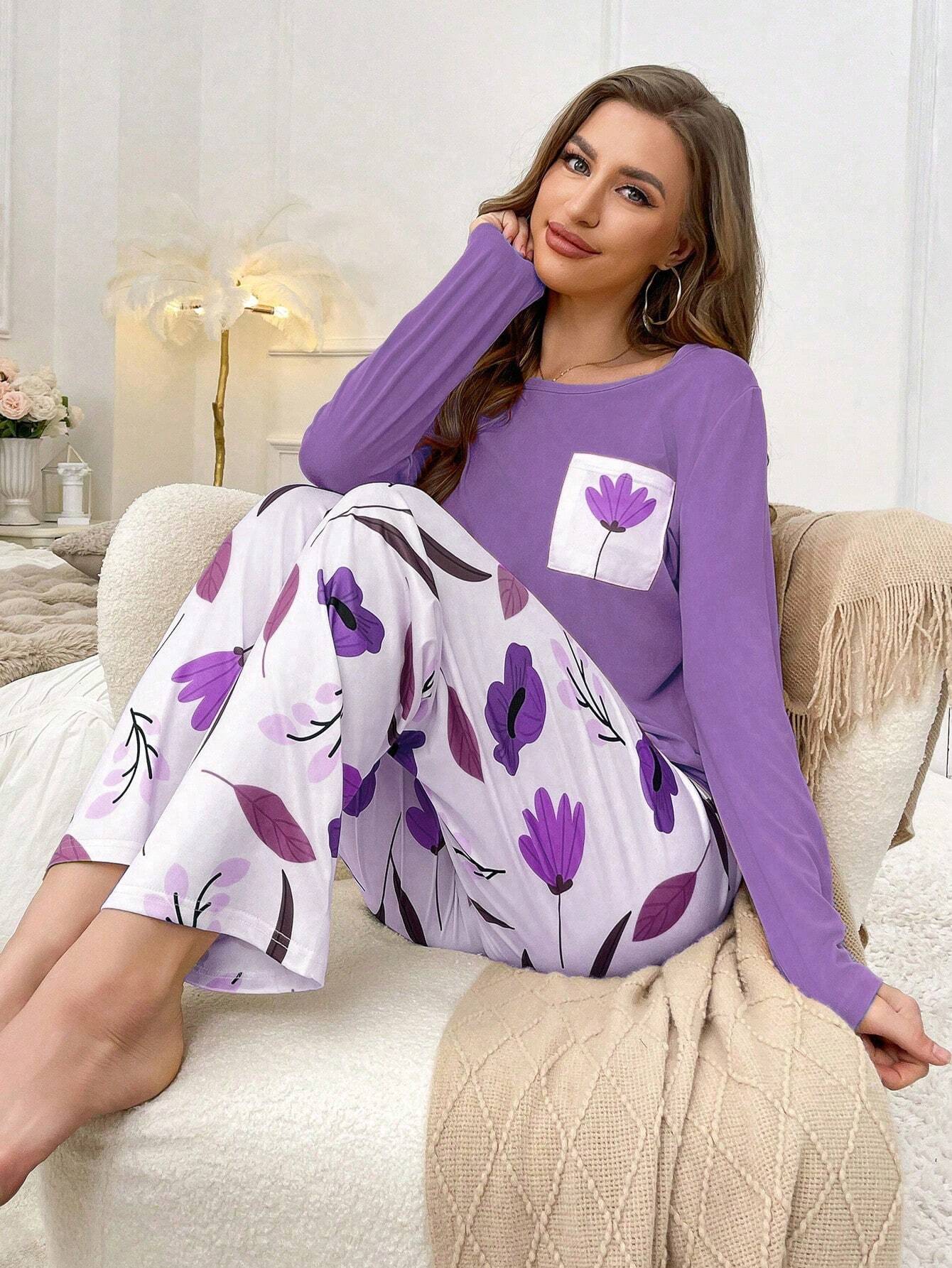 Purple Leaf Printed Night Suit