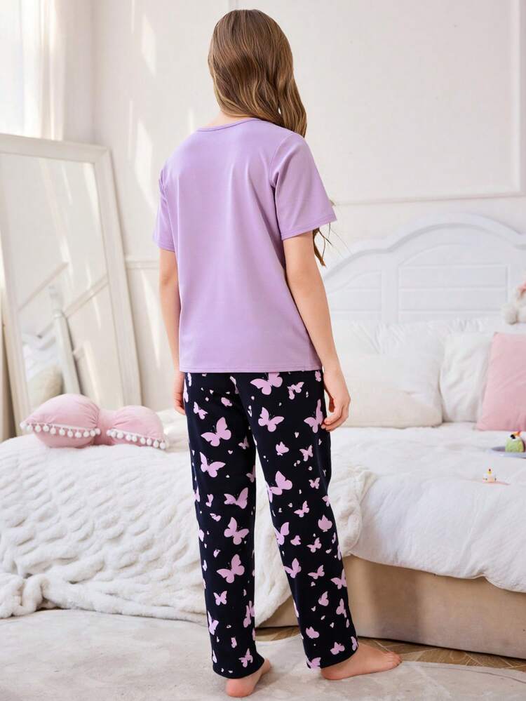 Purple Half Sleeve Butterfly Printed Night Suit (7-16 Years)