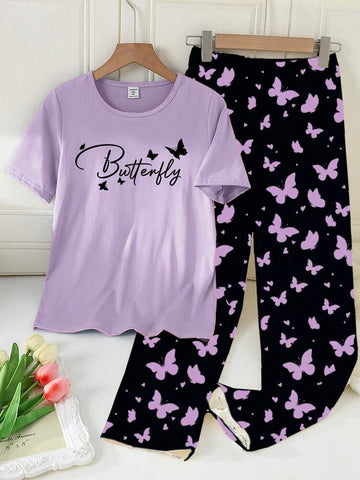 Purple Half Sleeve Butterfly Printed Night Suit (7-16 Years)