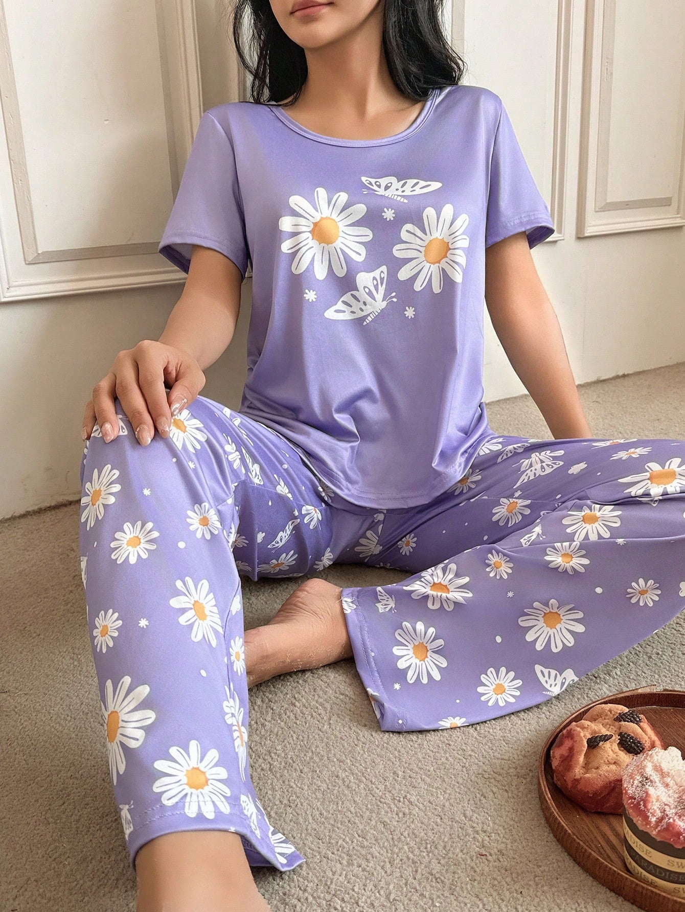 Purple Daisy Oversized Printed Night Suit