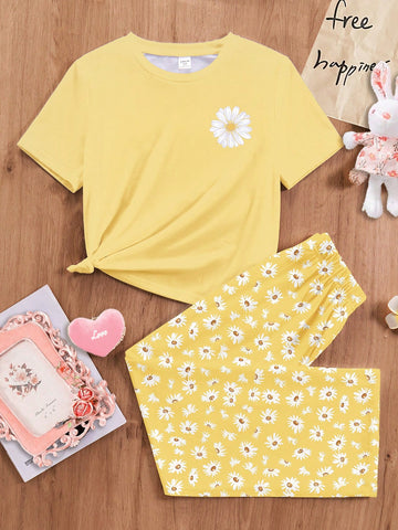 Sunflower Printed Half Sleeve Night Suit (7-16 Years)