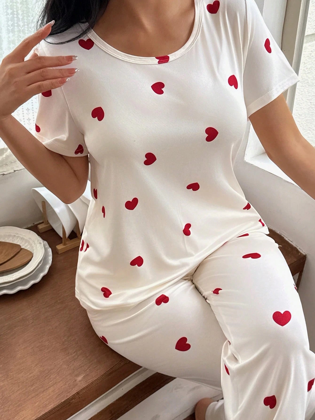 White Heart Printed Night Suit