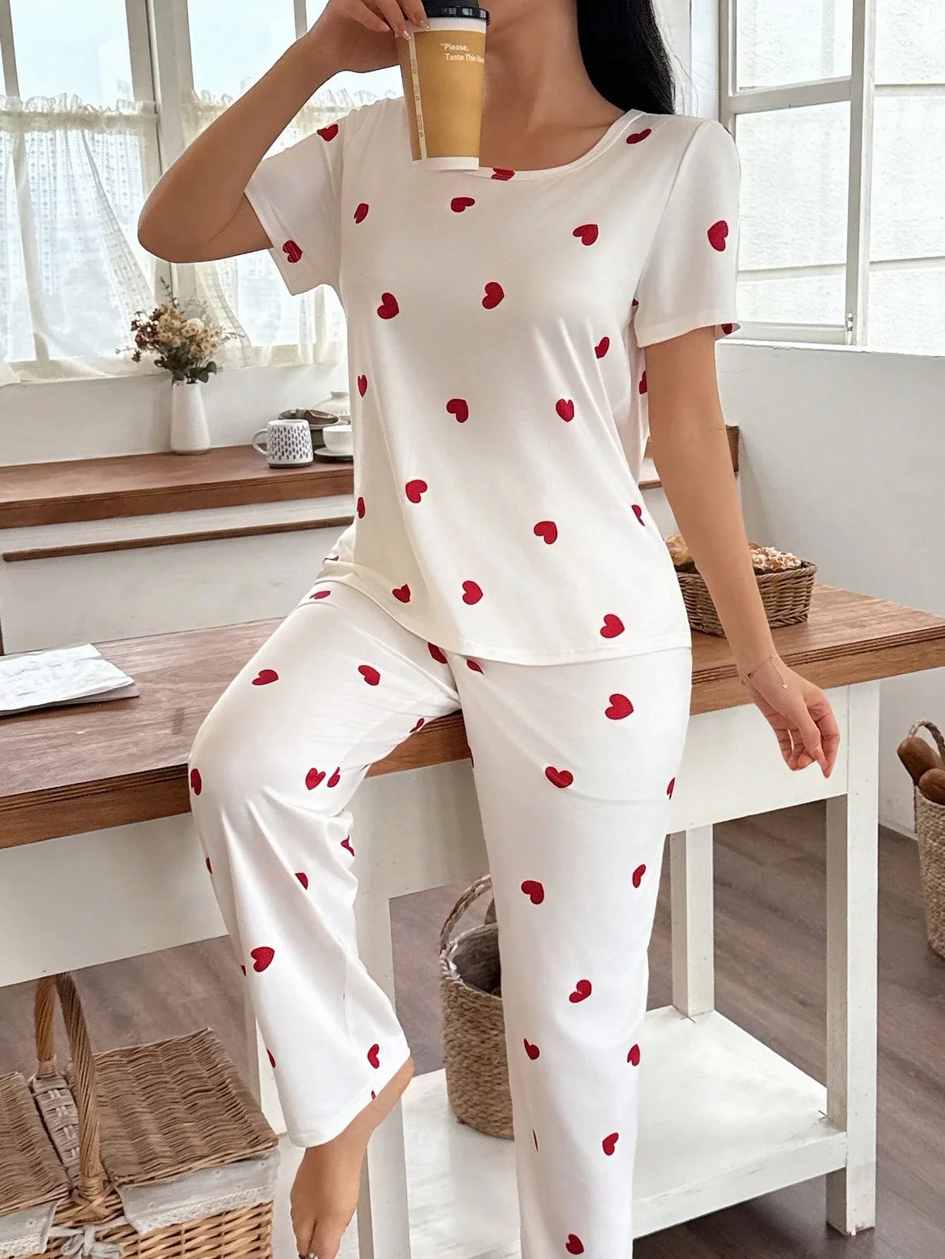 White Heart Printed Night Suit