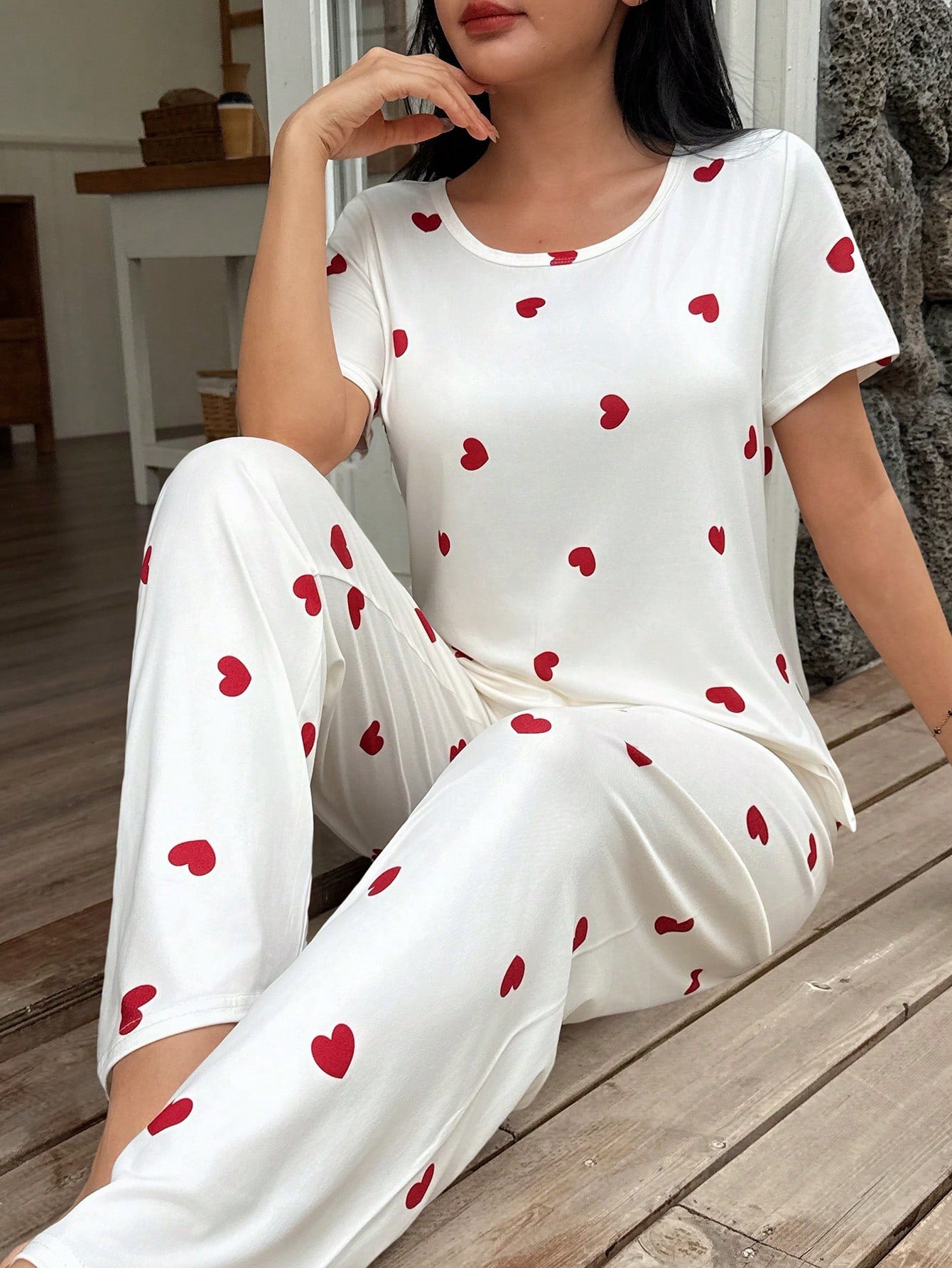 White Heart Printed Night Suit