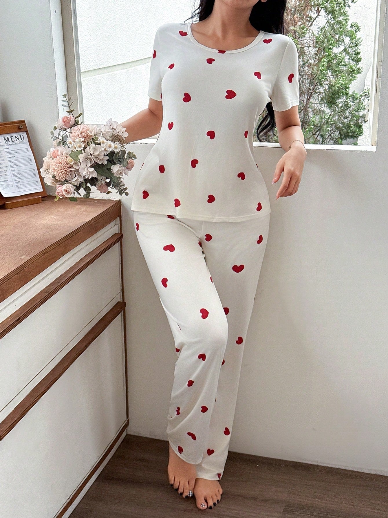 White Heart Printed Night Suit