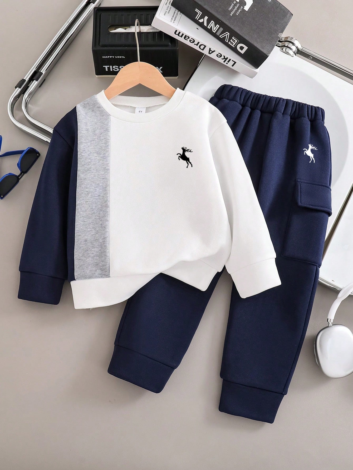 Navy Colorblock Crewneck Printed Kids Winter Suit