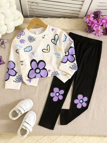 Purple Flowers & Heart Printed Kids Winter Suit