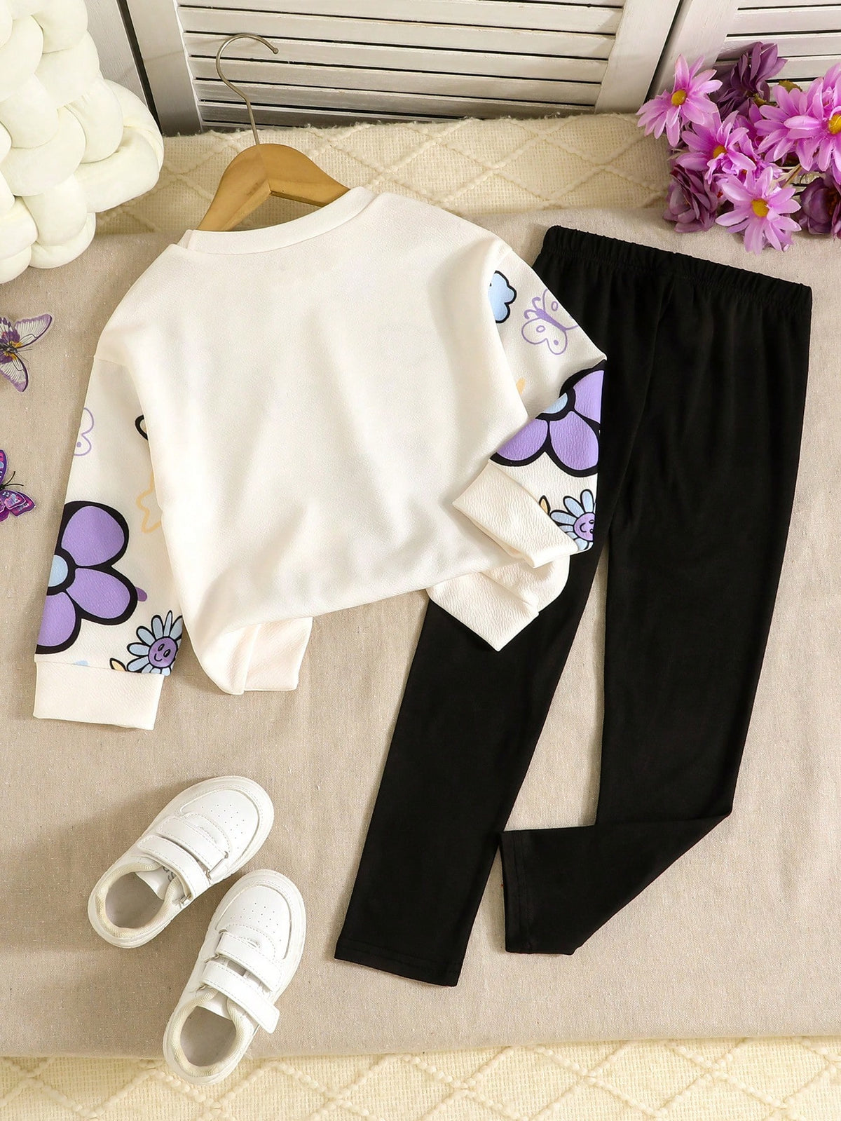 Purple Flowers & Heart Printed Kids Winter Suit