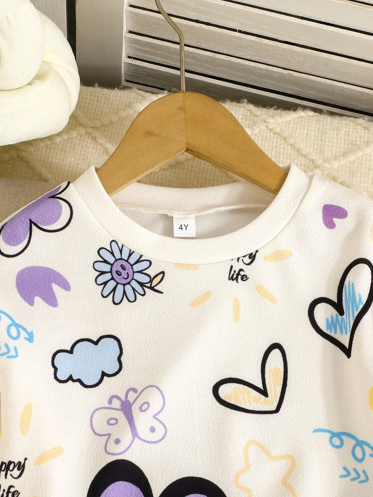 Purple Flowers & Heart Printed Kids Winter Suit