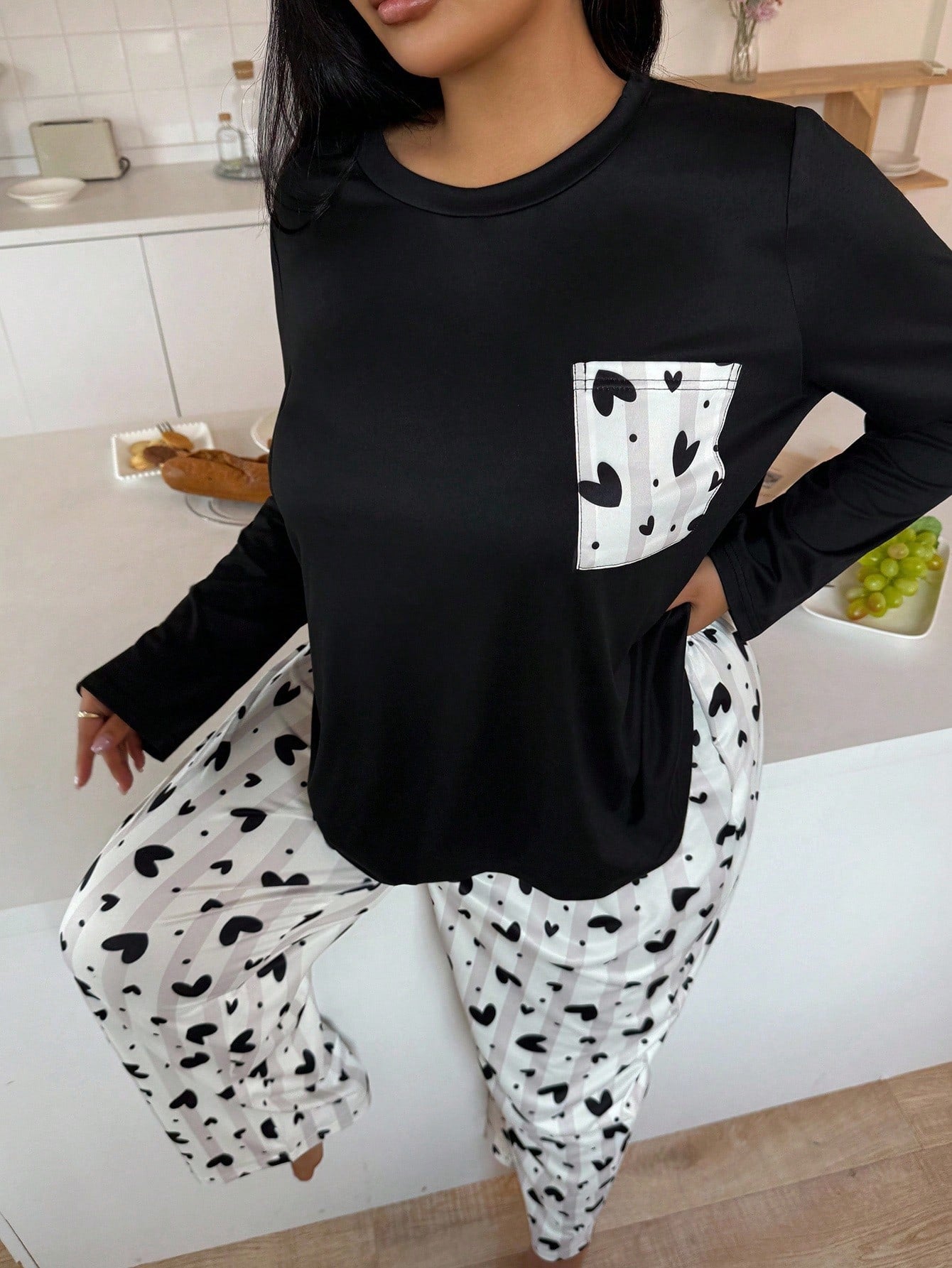 Black Pocket Printed Night Suit