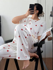 White Heart Printed Night Suit