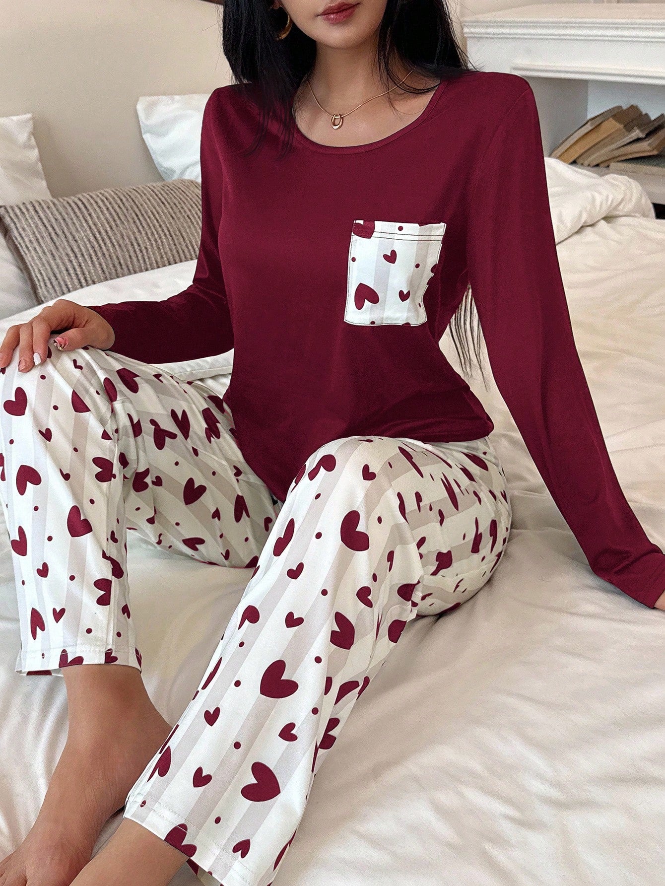 Maroon Pocket Printed Night Suit