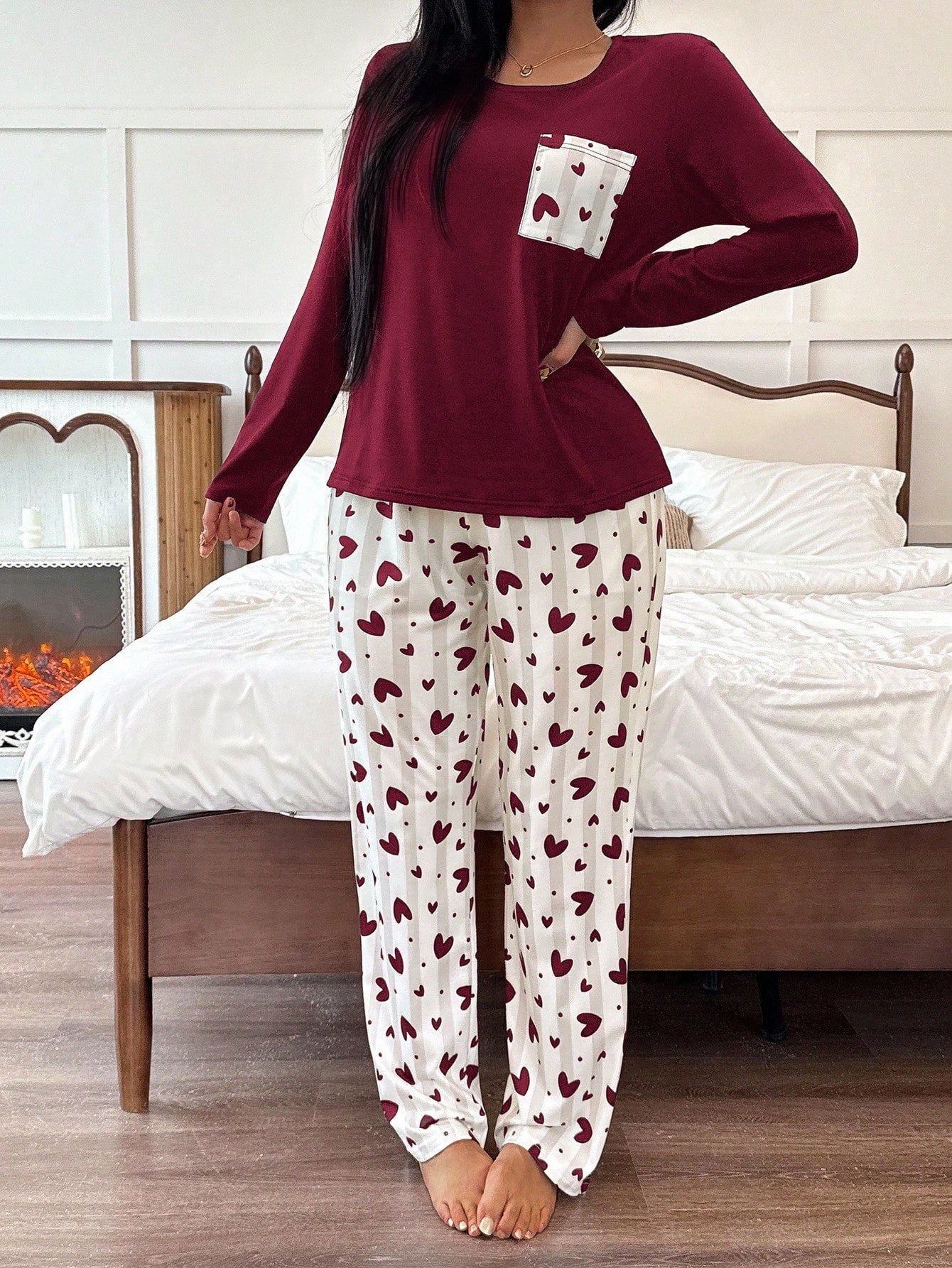 Maroon Pocket Printed Night Suit