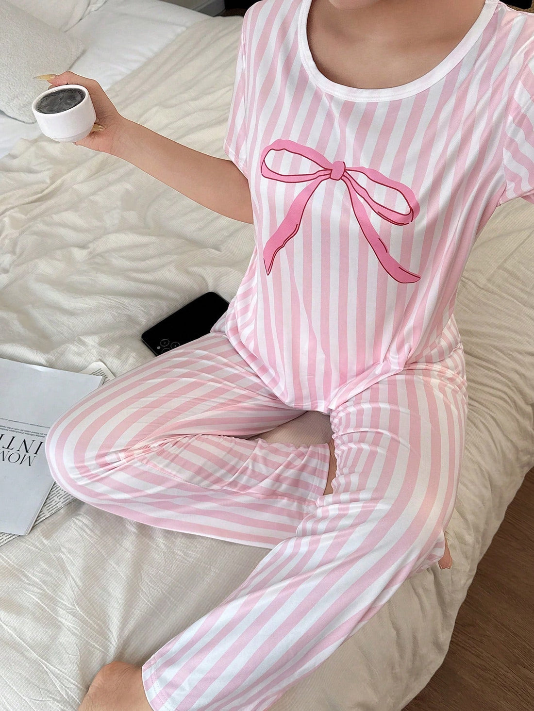 Baby Pink Ribbon Printed Night Suit