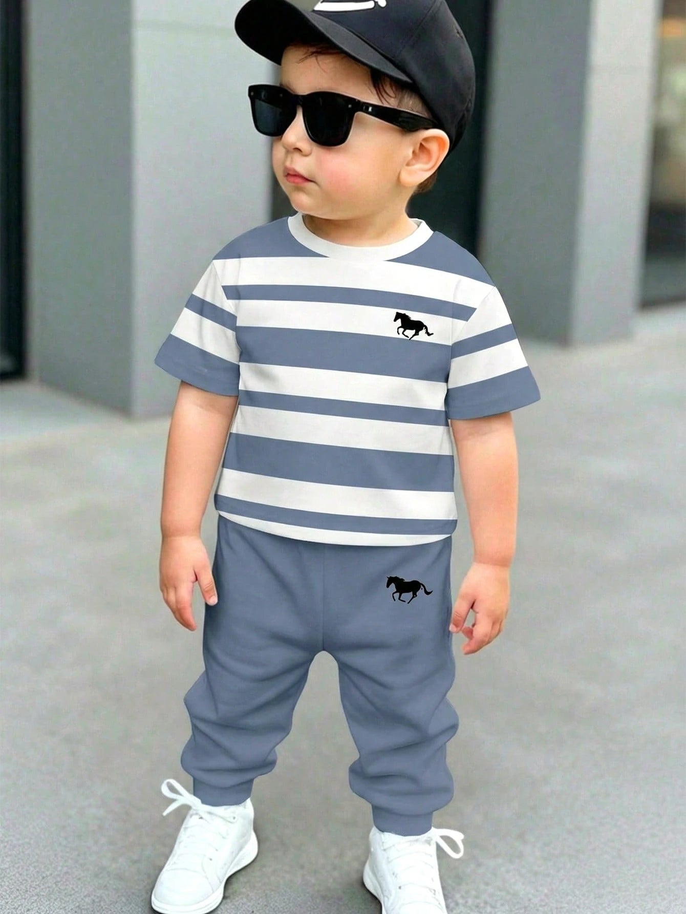 Grey Panel Horse Printed Half Sleeve Kids Suit