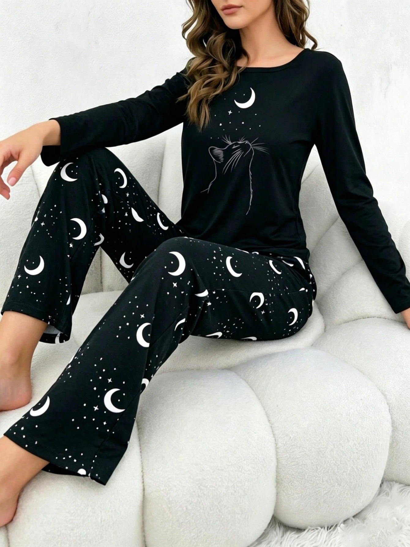 Black Moon & Cat Printed Night Suit