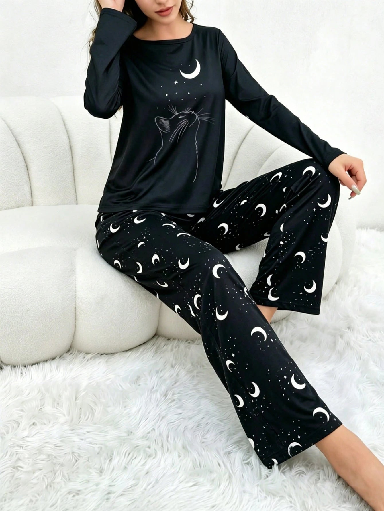 Black Moon & Cat Printed Night Suit