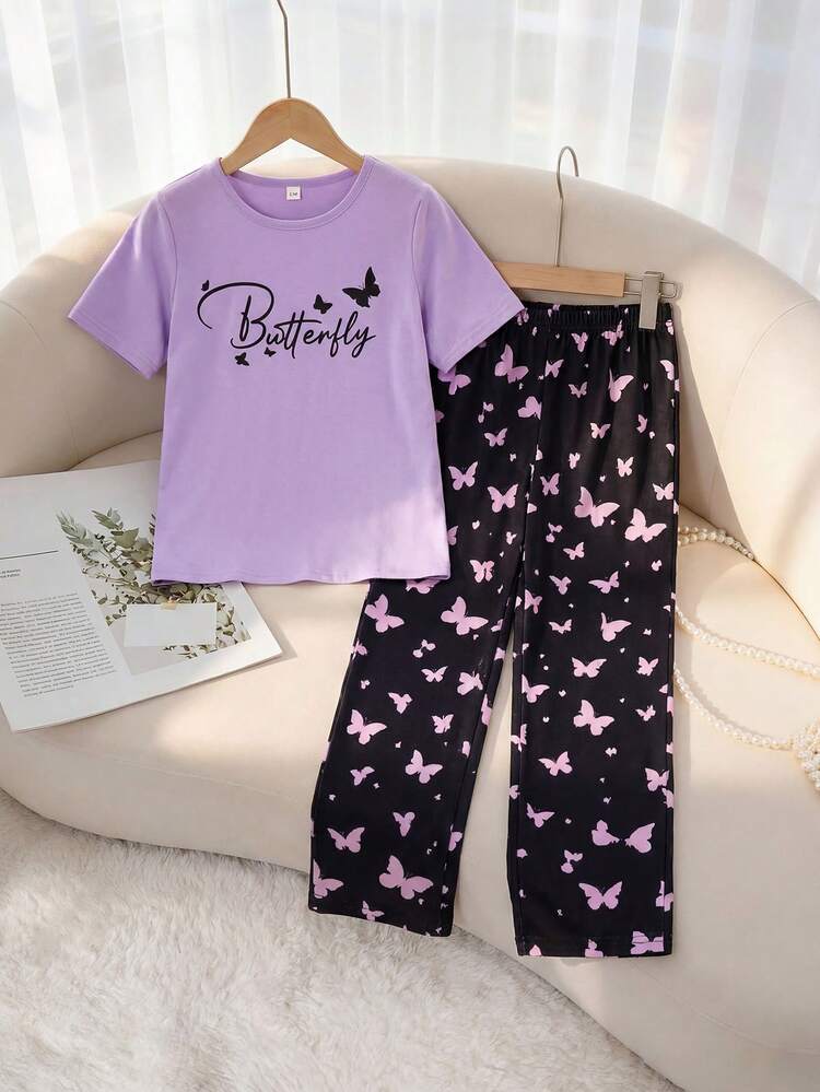 Purple Half Sleeve Butterfly Printed Night Suit (7-16 Years)