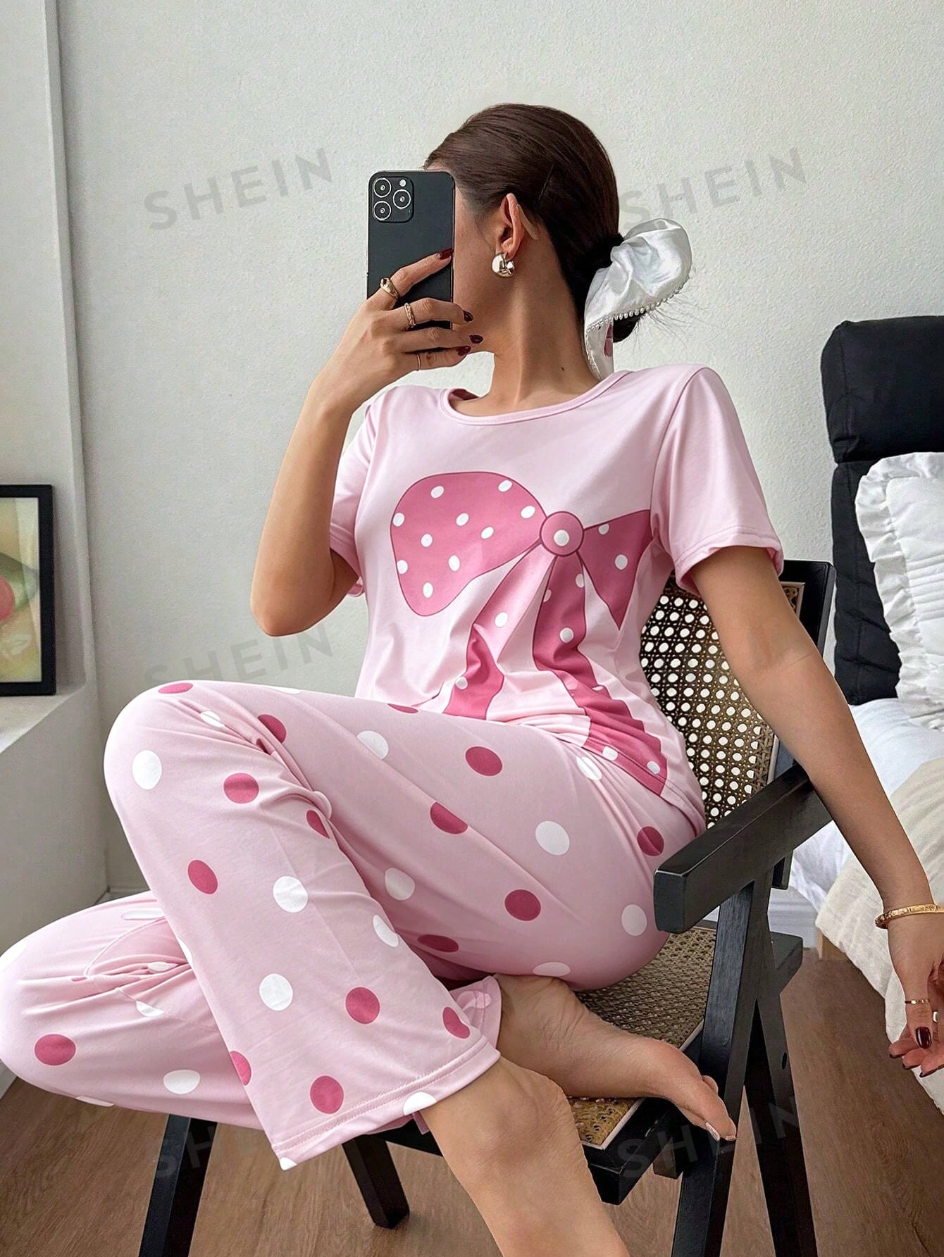Pink Polka Dot Printed Night Suit