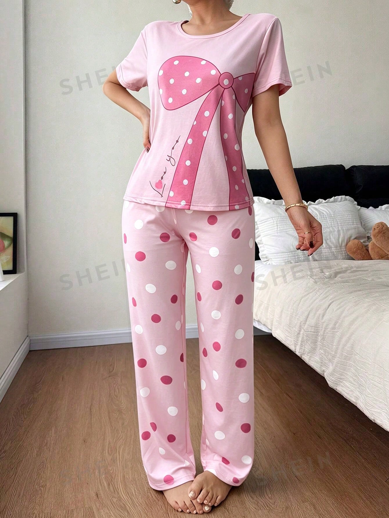 Pink Polka Dot Printed Night Suit