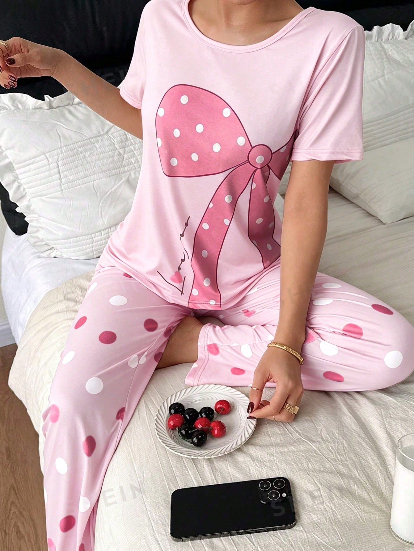 Pink Polka Dot Printed Night Suit