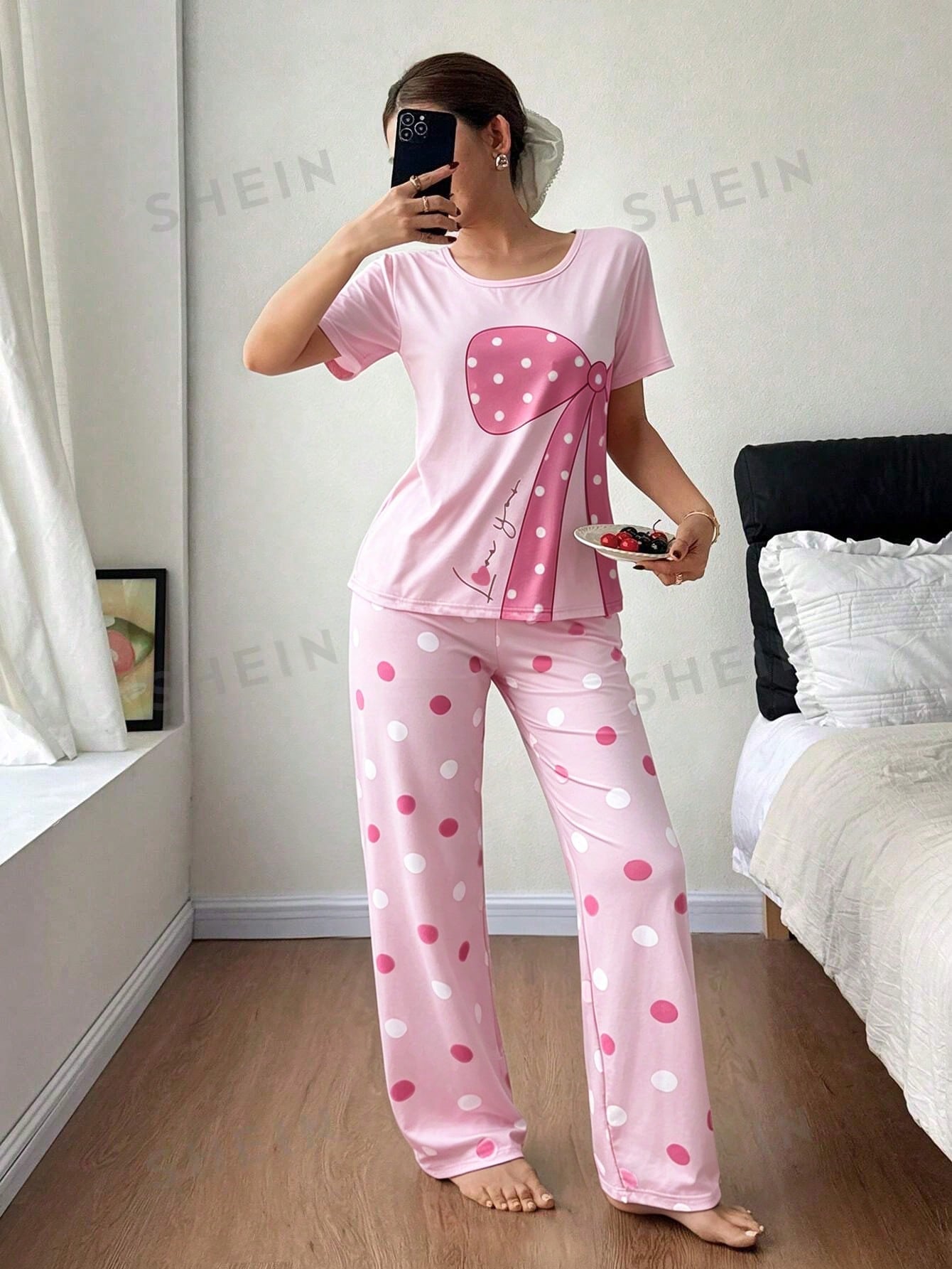 Pink Polka Dot Printed Night Suit