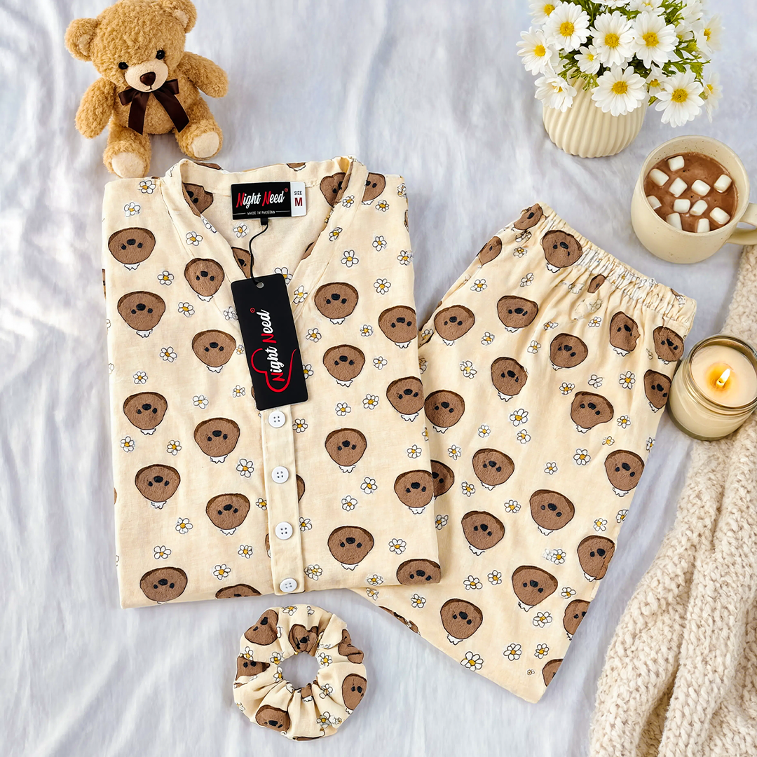 Cartoon Bear Face Printed Crinkled Cotton Night Suit