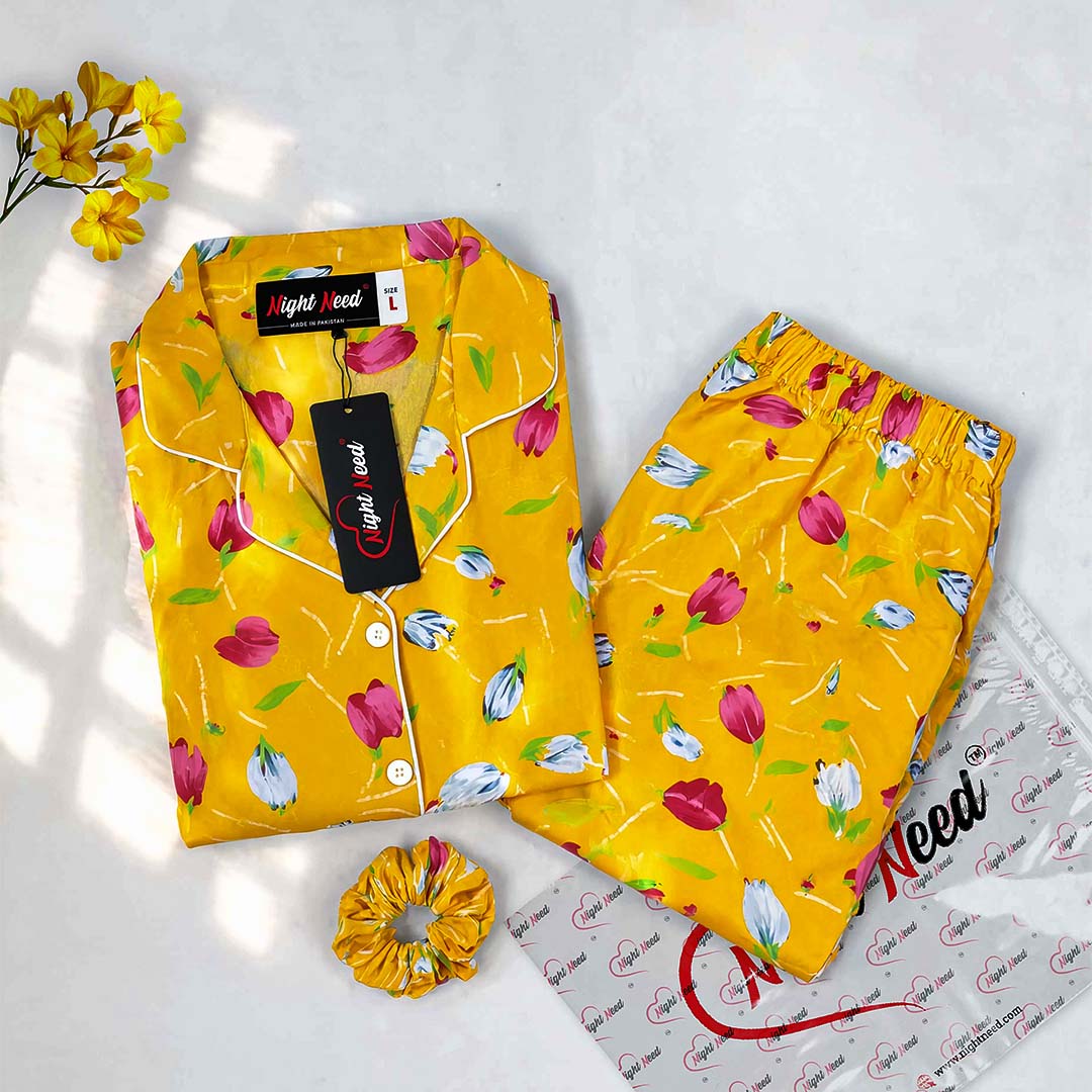 Imported Premium Linen Printed Yellow Tulip PJ Set - PL1
