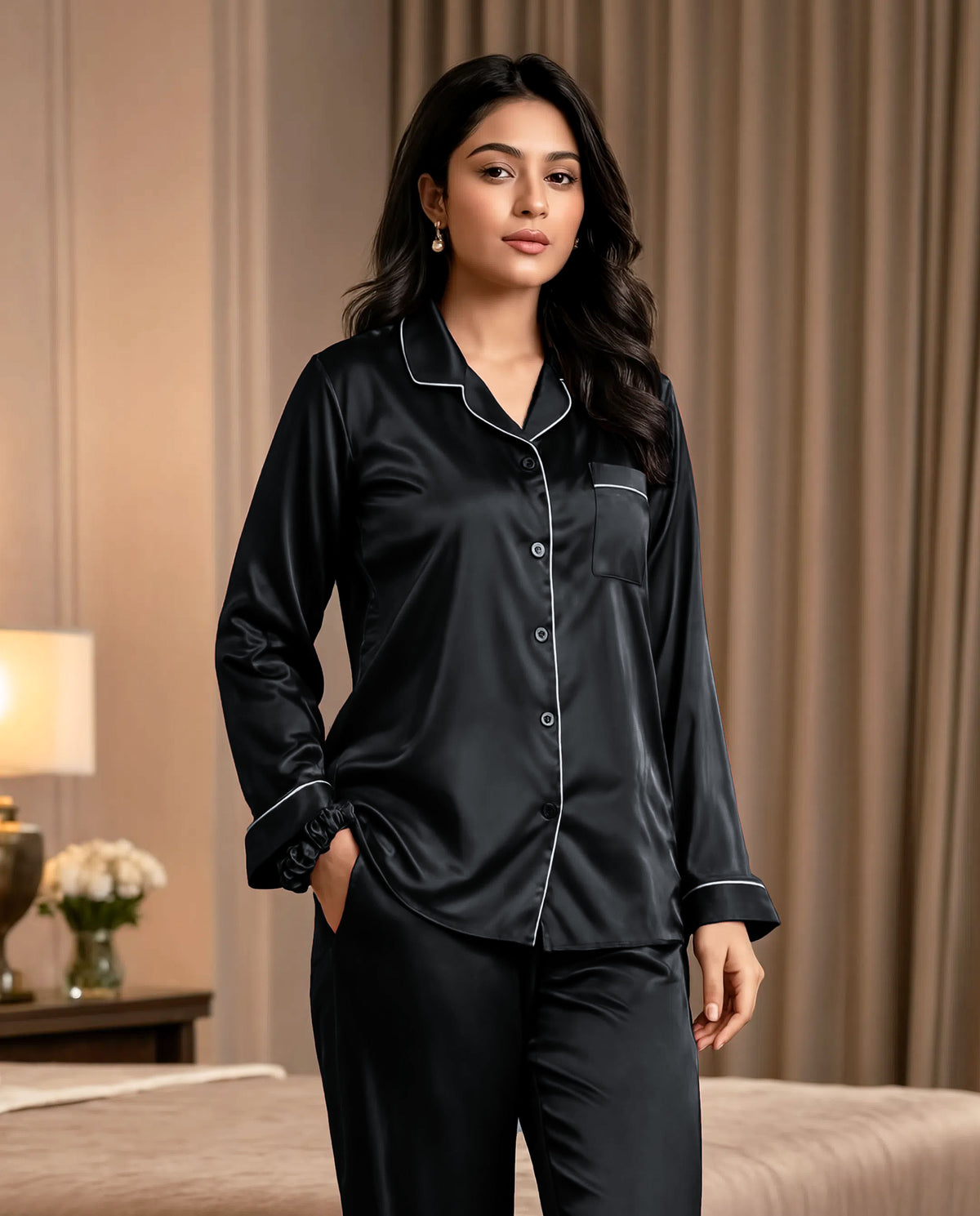 Black Satin Silk Pj Set