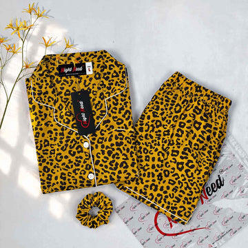 Imported Premium Linen Printed Yellow and Black Leopard Pj Set - PL3