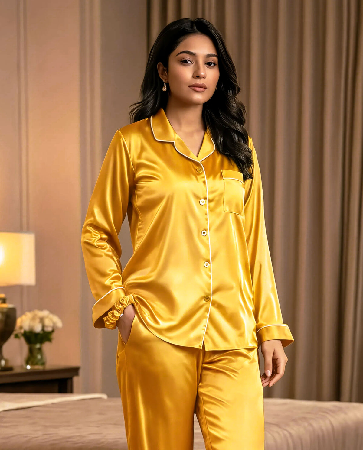 Mustard Satin Silk Pj Set