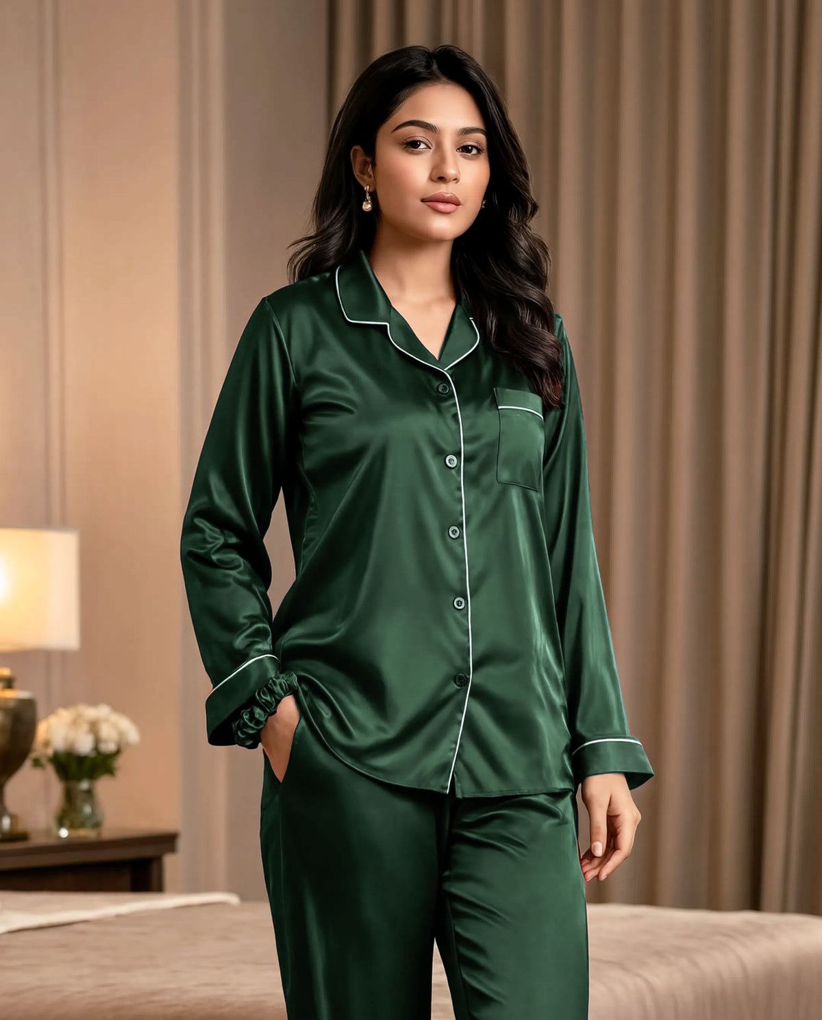 Green Satin Silk Pj Set