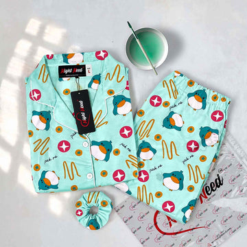 Imported Premium Linen Printed Light Blue Duck Pj Set - PL2