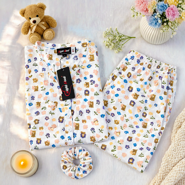 Floral & Bear Printed Crinkled Cotton Night Suit