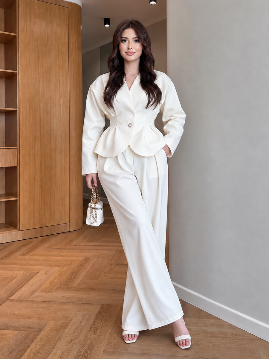 Winter V-Neck Peplum Blazer 2 PC Co-Ord Set