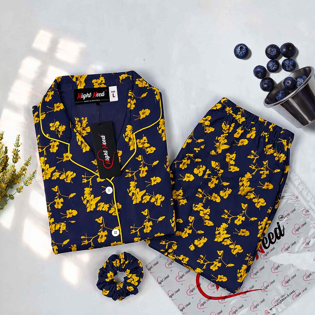 Imported Premium Linen Printed Navy Blue Button-Up Pj Set - PL8