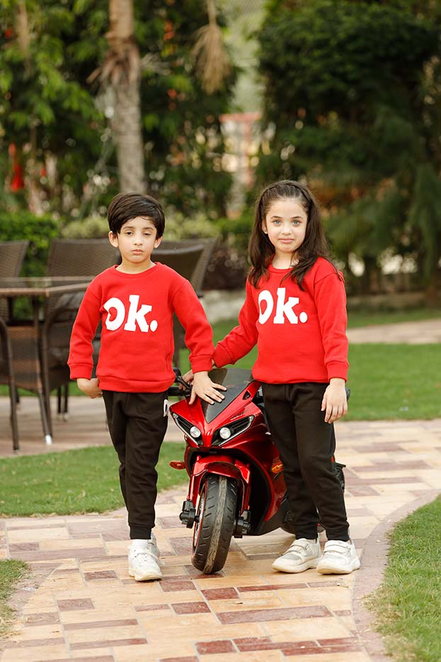 Red OK Printed Kids Winter Suit
